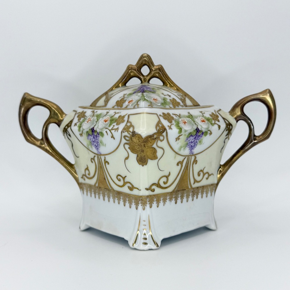 Vintage Silesia Porcelain Sugar Bowl‎ with Lid Gold Gilt Floral Design Coquette